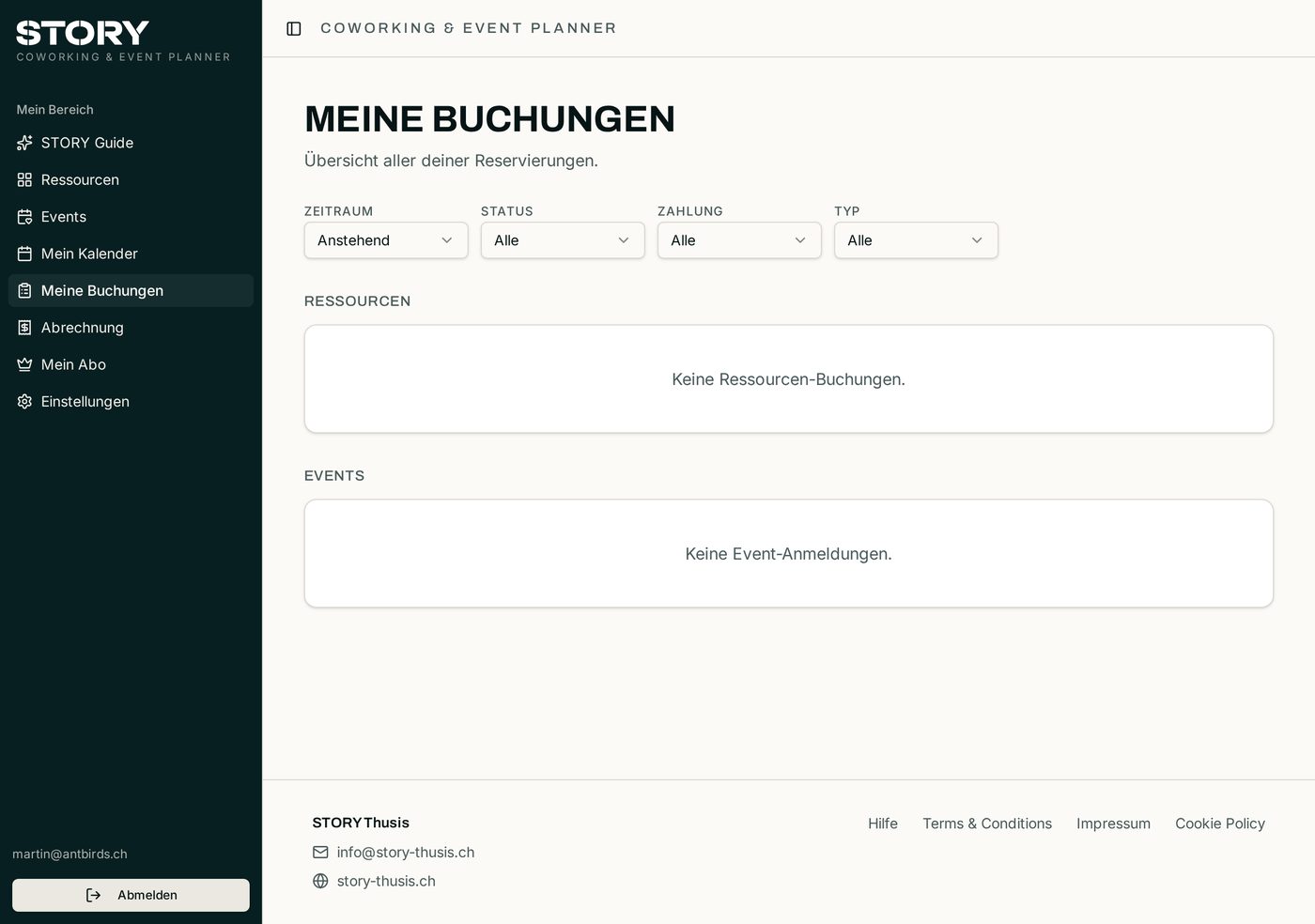 Seite Meine Buchungen mit Filtern